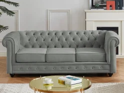 Sofá|Vente-unique Sofá de 3 lugares em veludo cinzento prateado CHESTERFIELD Cinzento claro