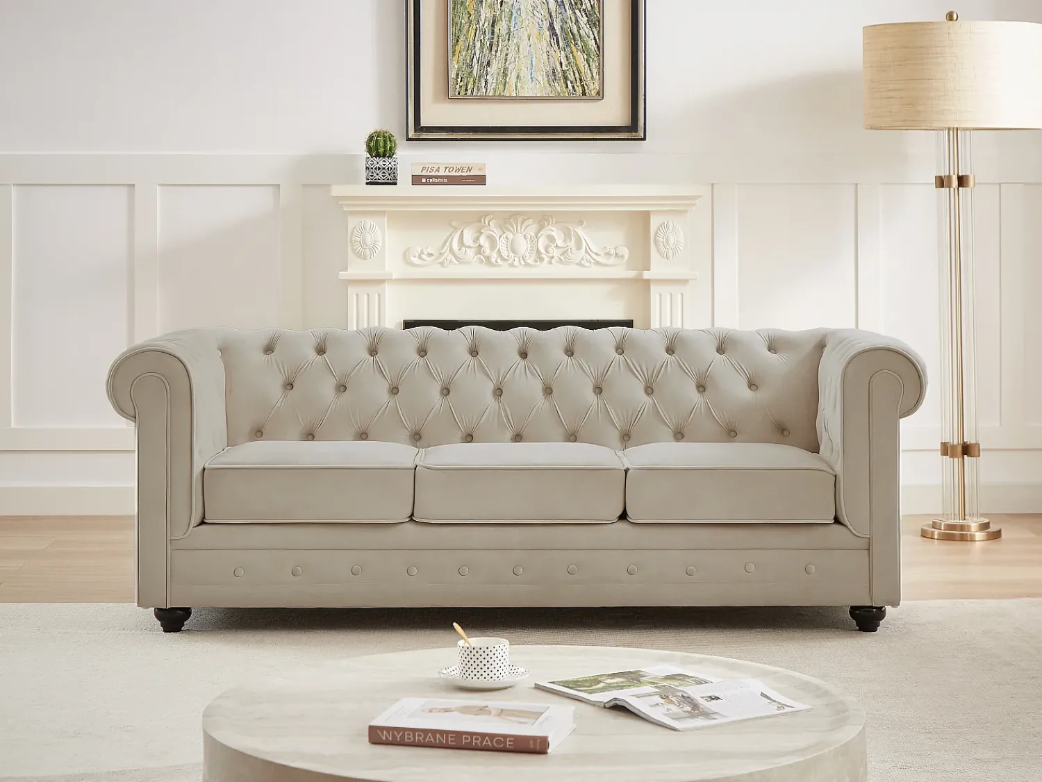 Sofá*Vente-unique Sofá de 3 lugares em veludo cor - CHESTERFIELD Bege