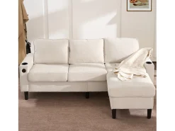 Sofá|ModernLuxe Sofá de 3 lugares estofado - com portas USB e Type-C - com dois porta-copos - Sofá-cama em L - Bege