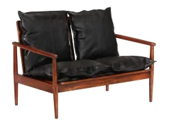 Online Helloshop26 Sofá de 2 lugares para sala de estar sala de TV casa decoração de interiores em couro genuíno e madeira maciça de acácia 02_0019111 Preto