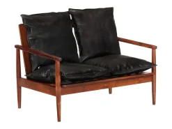 Online Helloshop26 Sofá de 2 lugares para sala de estar sala de TV casa decoração de interiores em couro genuíno e madeira maciça de acácia 02_0019111 Preto