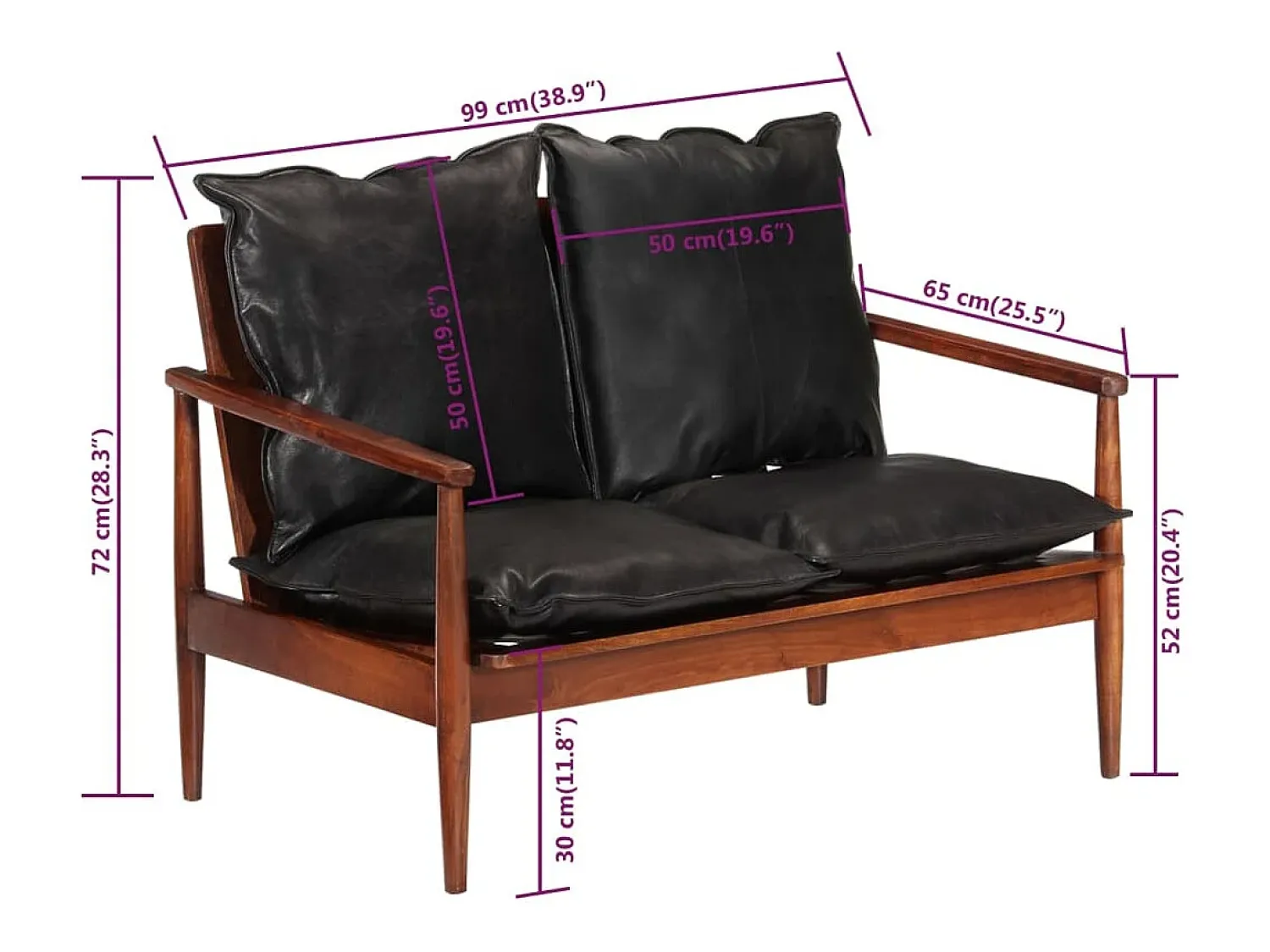 Online Helloshop26 Sofá de 2 lugares para sala de estar sala de TV casa decoração de interiores em couro genuíno e madeira maciça de acácia 02_0019111 Preto