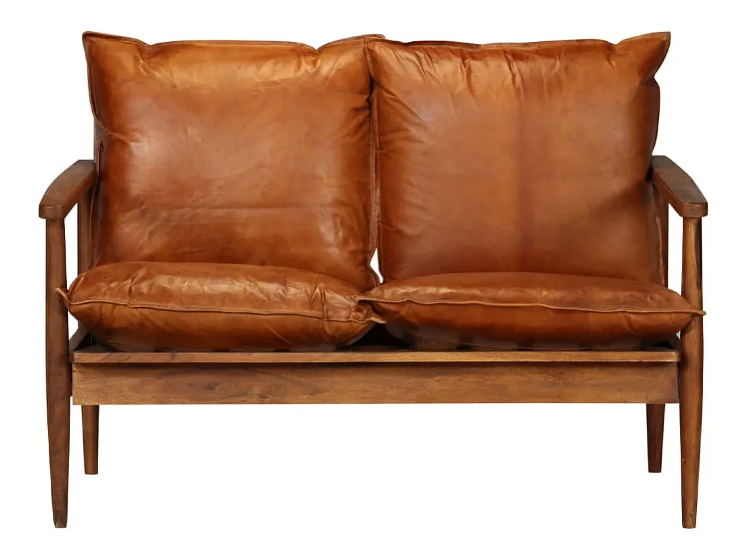 Sofá|Helloshop26 Sofá de 2 lugares para sala de estar sala de TV decoração de interiores em couro legítimo com madeira de acácia marrom 02_0019446 Castanho