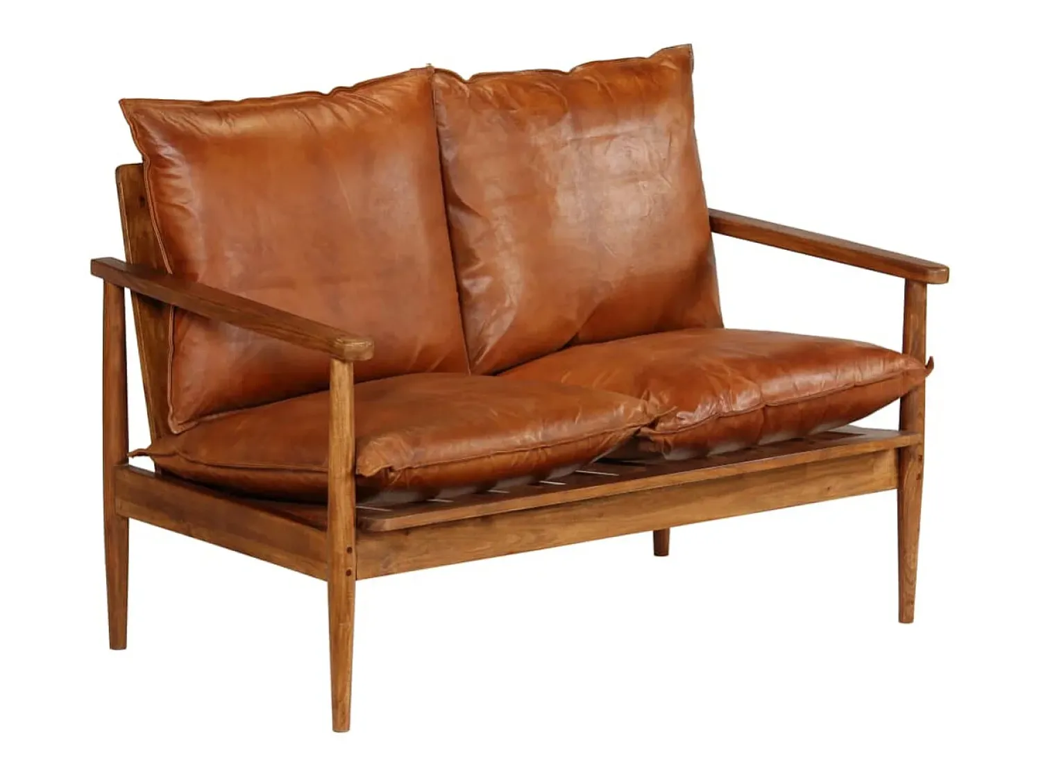 Sofá|Helloshop26 Sofá de 2 lugares para sala de estar sala de TV decoração de interiores em couro legítimo com madeira de acácia marrom 02_0019446 Castanho