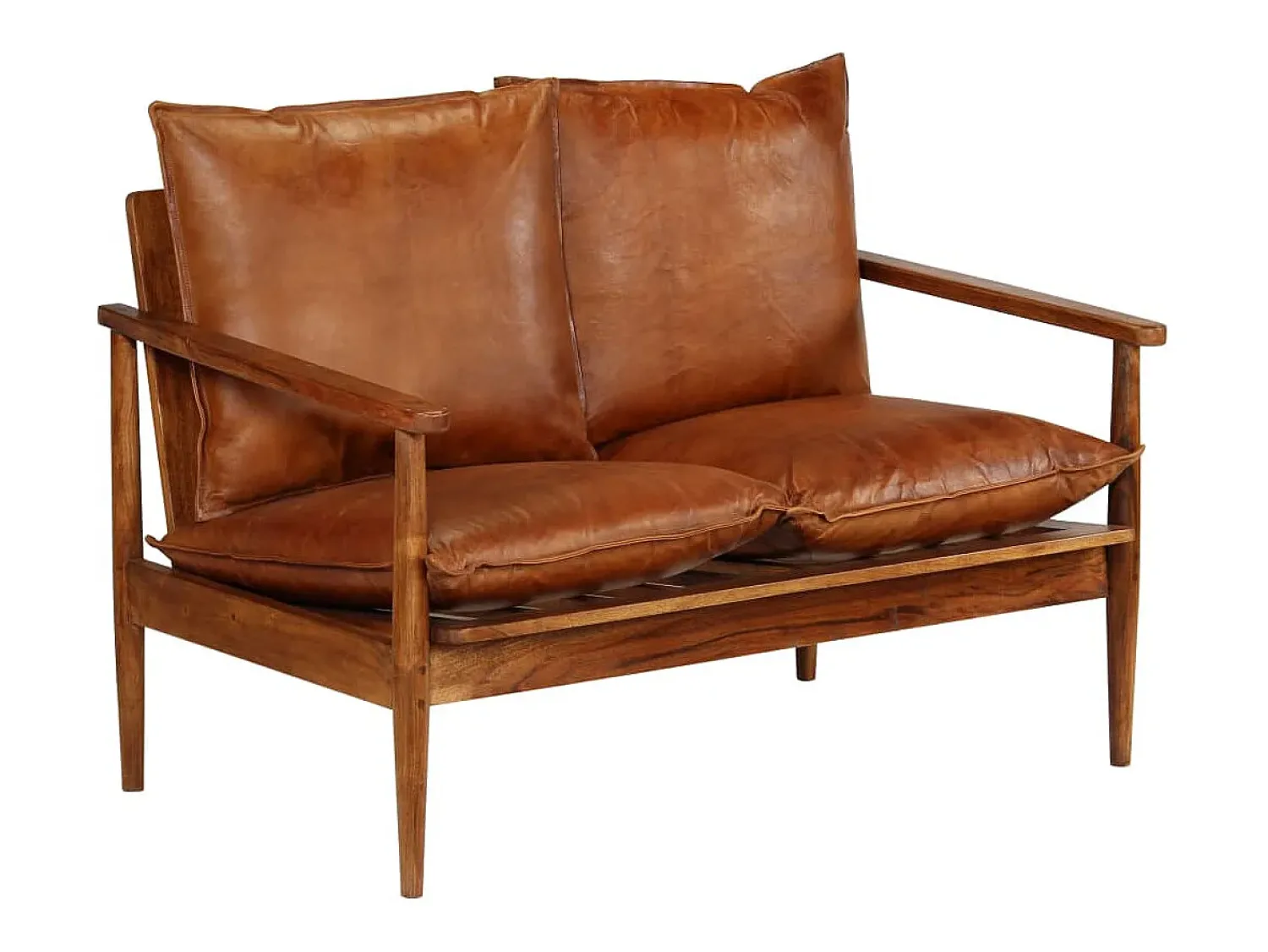 Sofá|Helloshop26 Sofá de 2 lugares para sala de estar sala de TV decoração de interiores em couro legítimo com madeira de acácia marrom 02_0019446 Castanho
