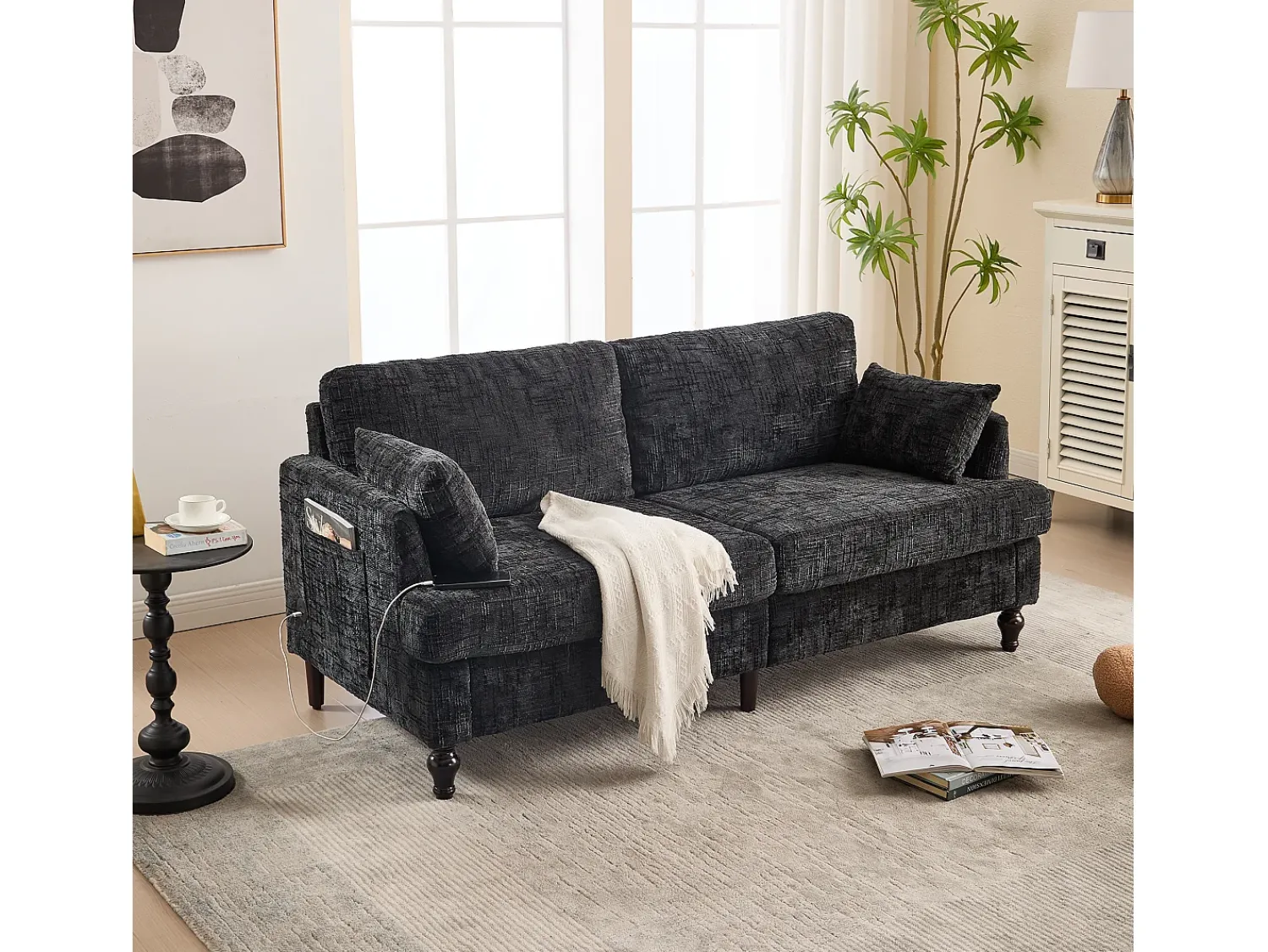 Sofá* Sofá de 2 lugares - Sofá reto com compartimento de arrumação e iluminação LED - Porta de carregamento USB e pernas de madeira Preto