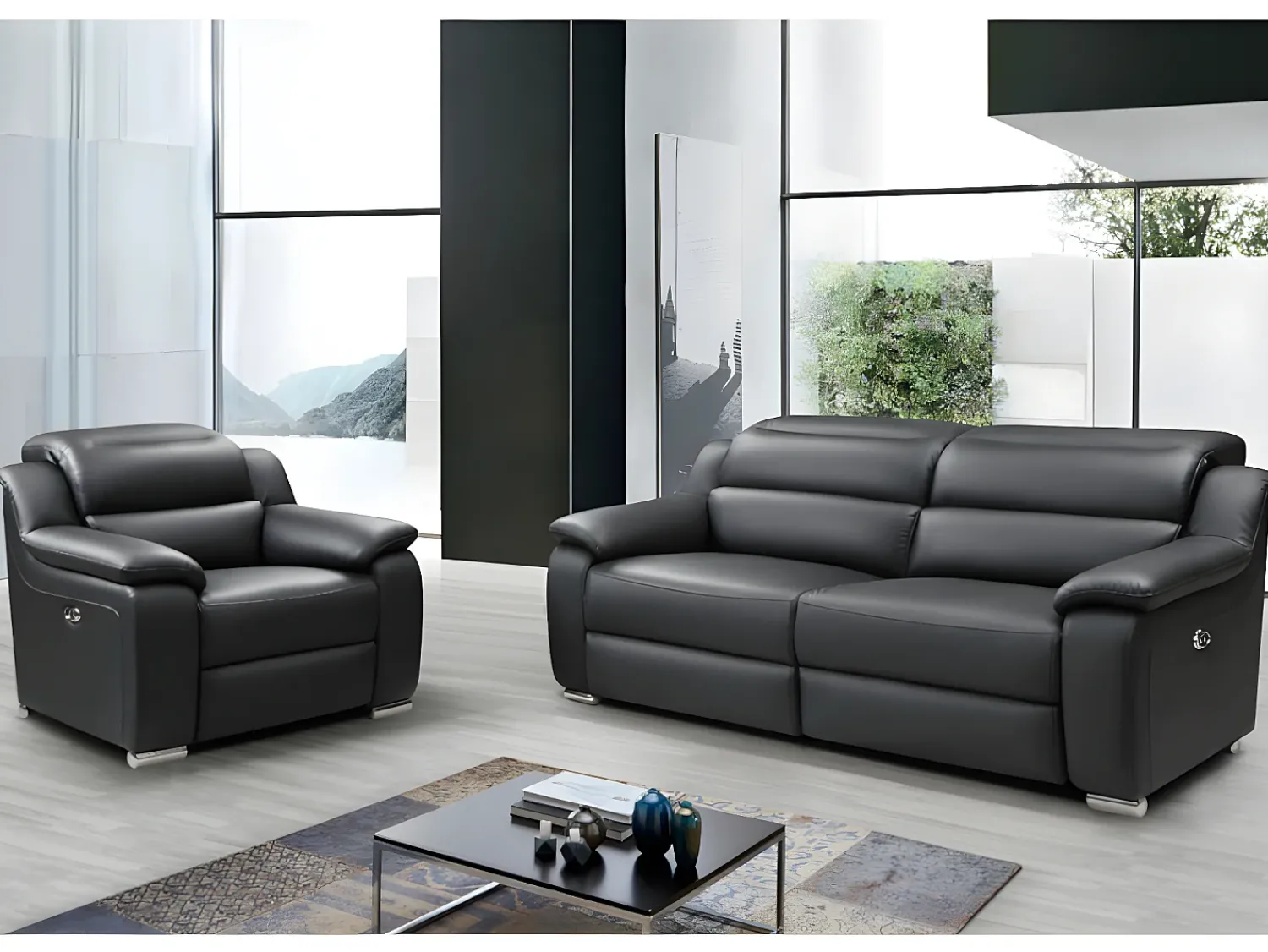 Sofá|Vente-unique Sofá de 3 lugares relax eléctrico em pele - ARENA III Preto