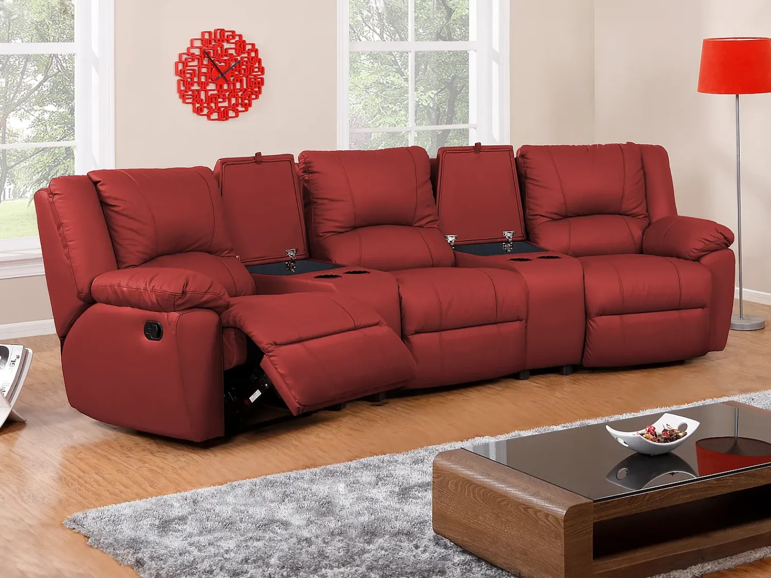Clearance Vente-unique Sofá de 3 lugares relax em pele - AROMA Vermelho