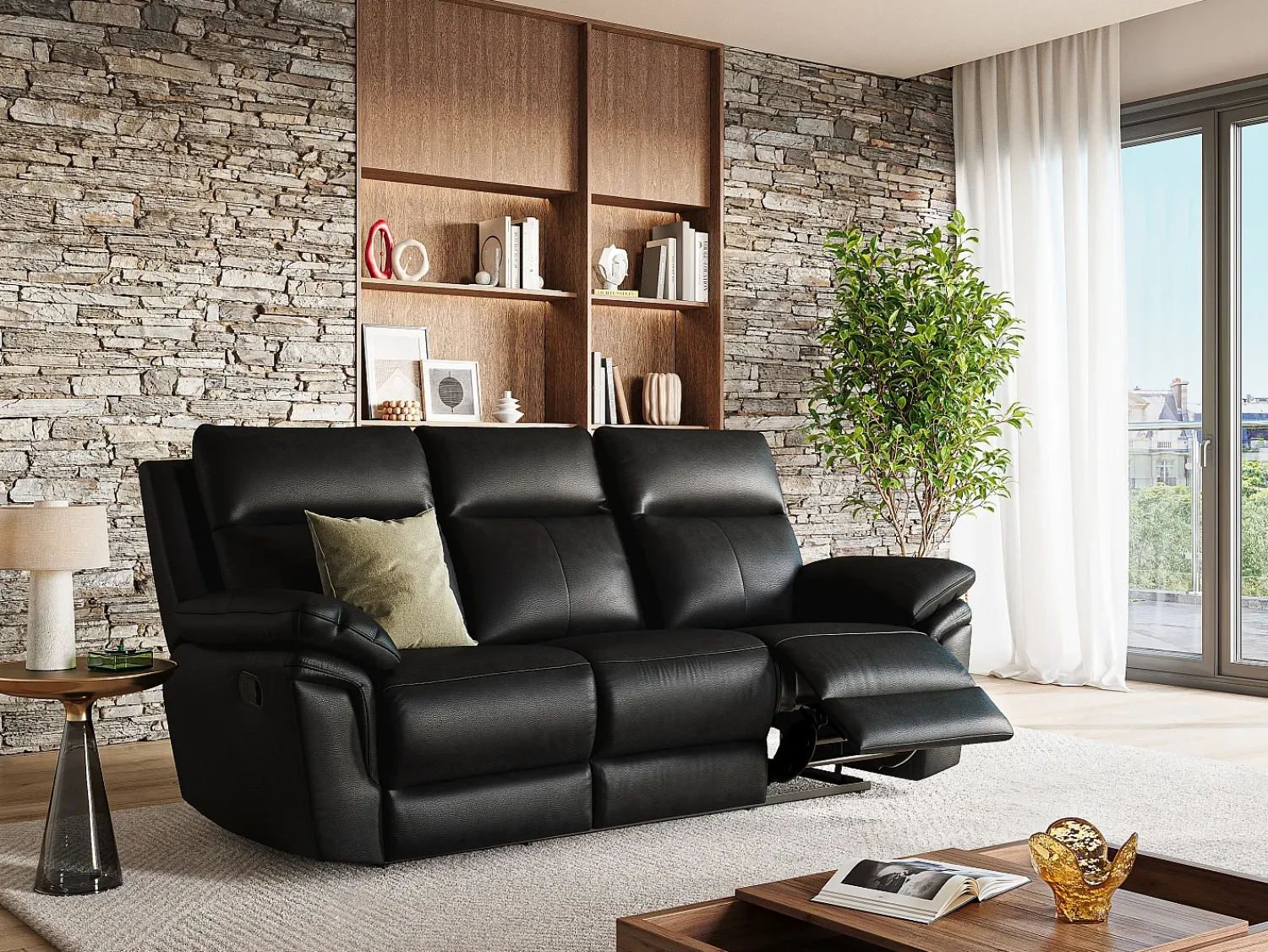 Sofá*Vente-unique Sofá de 3 lugares relax manual em pele de búfalo - PAKITA Preto