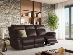 Vente-unique Sofá de 3 lugares relax manual em pele de búfalo Castanho - PAKITA^ Sofá