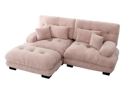 Sofá| Sofá de 2 lugares - Sofá de canto com 2 almofadas lombares e 2 almofadas decorativas - Apoios de Braços e Apoio para os Pés - Chenille Rosa