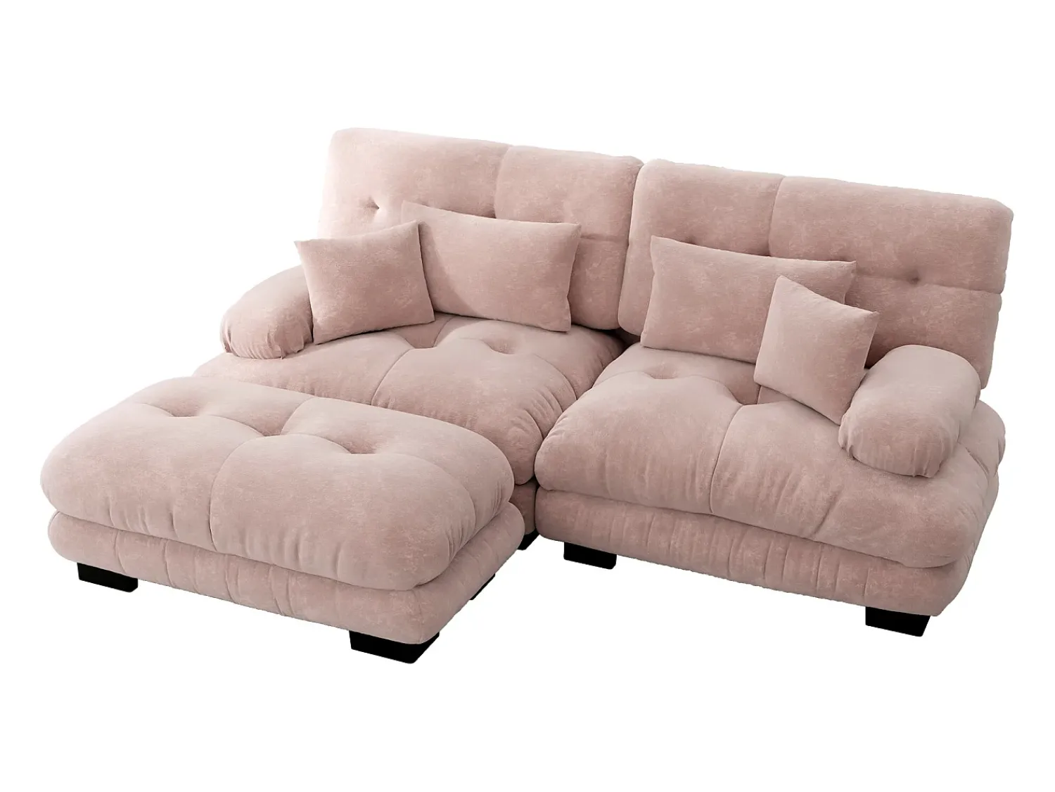 Sofá| Sofá de 2 lugares - Sofá de canto com 2 almofadas lombares e 2 almofadas decorativas - Apoios de Braços e Apoio para os Pés - Chenille Rosa