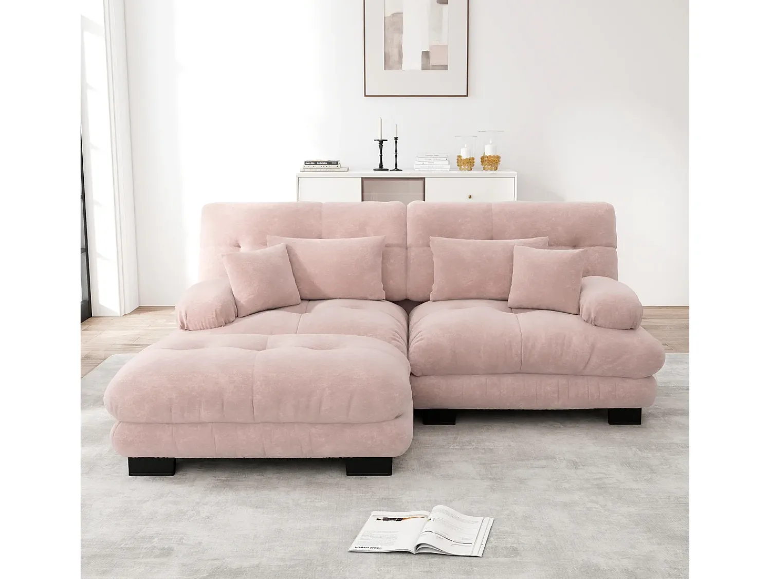 Sofá| Sofá de 2 lugares - Sofá de canto com 2 almofadas lombares e 2 almofadas decorativas - Apoios de Braços e Apoio para os Pés - Chenille Rosa