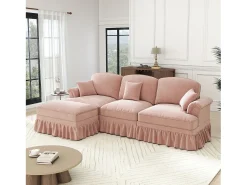 Sofá|Hauss Spole Sofá de 3 lugares com apoio lombar - Apoio para os pés móvel - Tecido chenille Rosa