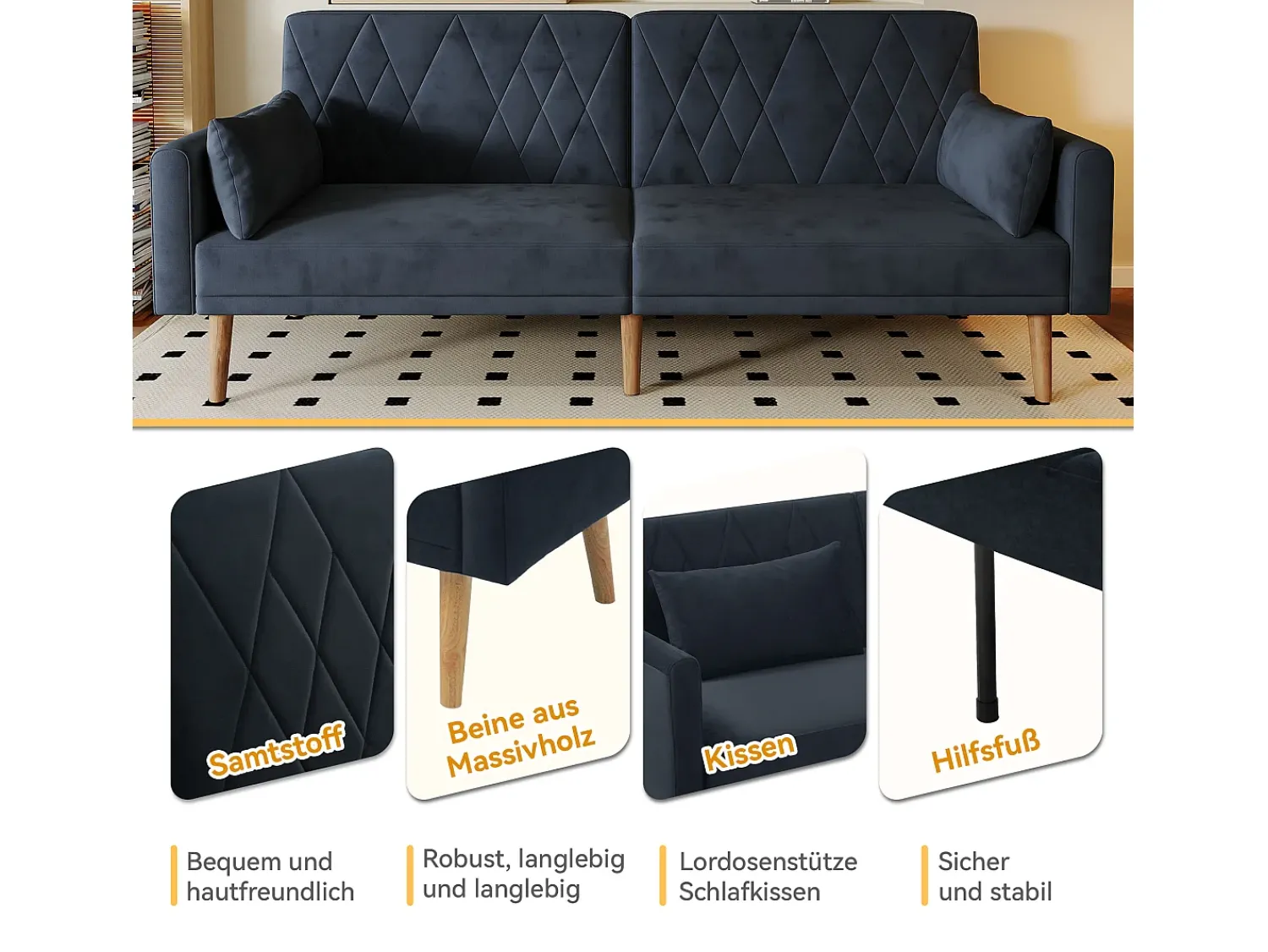Sofá*Merax Sofá de 2 lugares Sofá - 180 x 75 x 82 cm - Sofá-cama conversível - encosto ajustável - veludo - Preto
