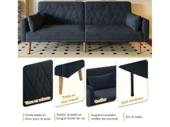 Sofá*Merax Sofá de 2 lugares Sofá - 180 x 75 x 82 cm - Sofá-cama conversível - encosto ajustável - veludo - Preto
