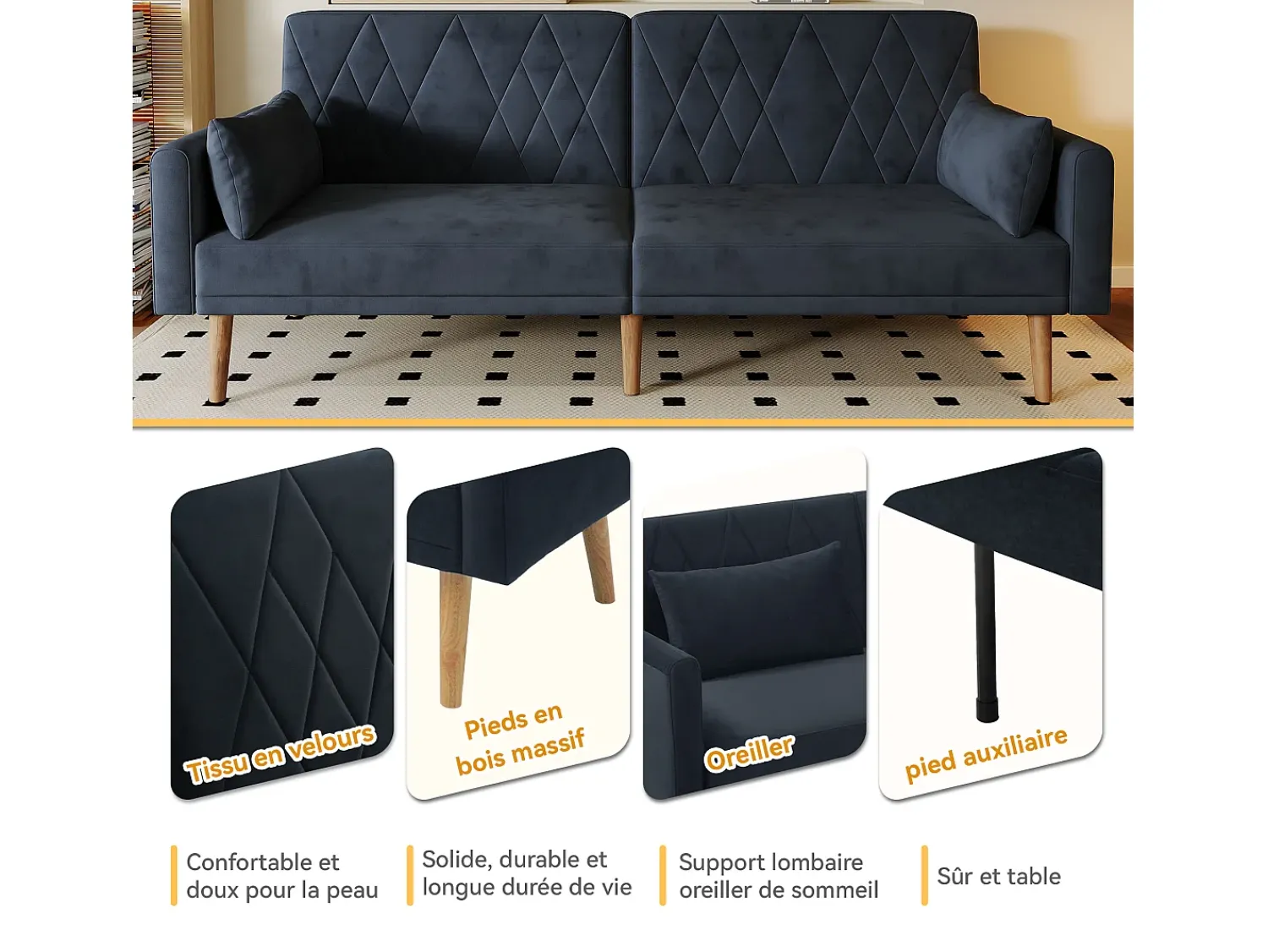 Sofá*Merax Sofá de 2 lugares Sofá - 180 x 75 x 82 cm - Sofá-cama conversível - encosto ajustável - veludo - Preto
