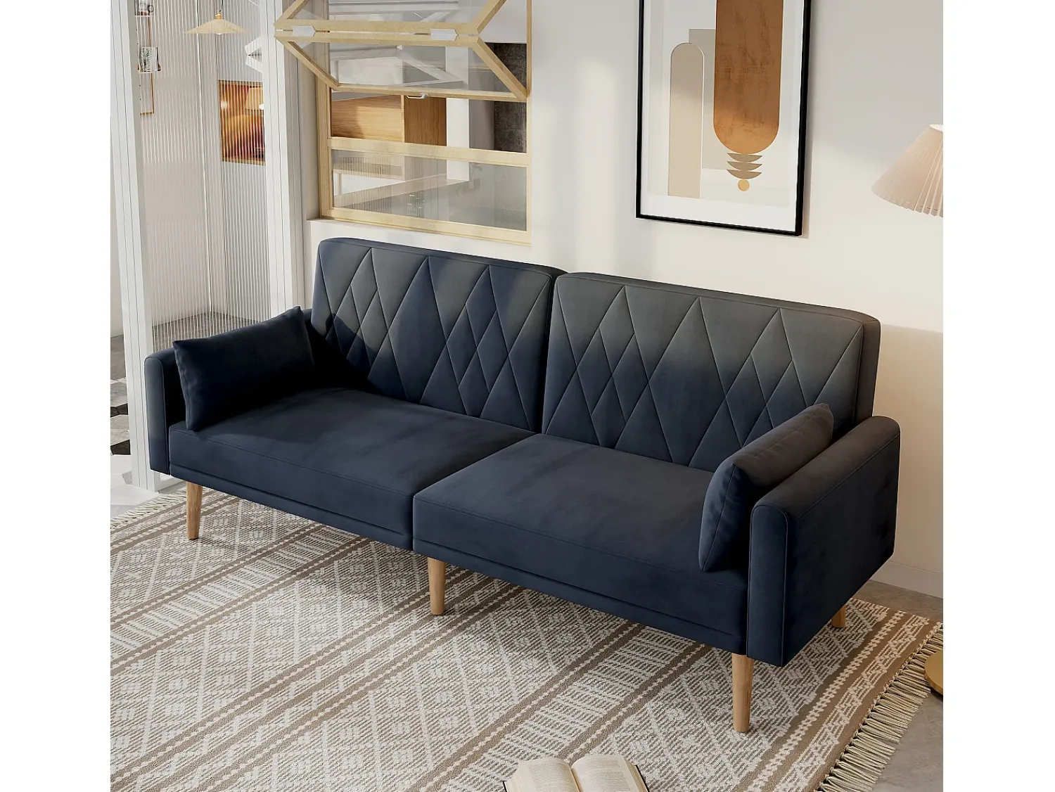 Sofá*Merax Sofá de 2 lugares Sofá - 180 x 75 x 82 cm - Sofá-cama conversível - encosto ajustável - veludo - Preto