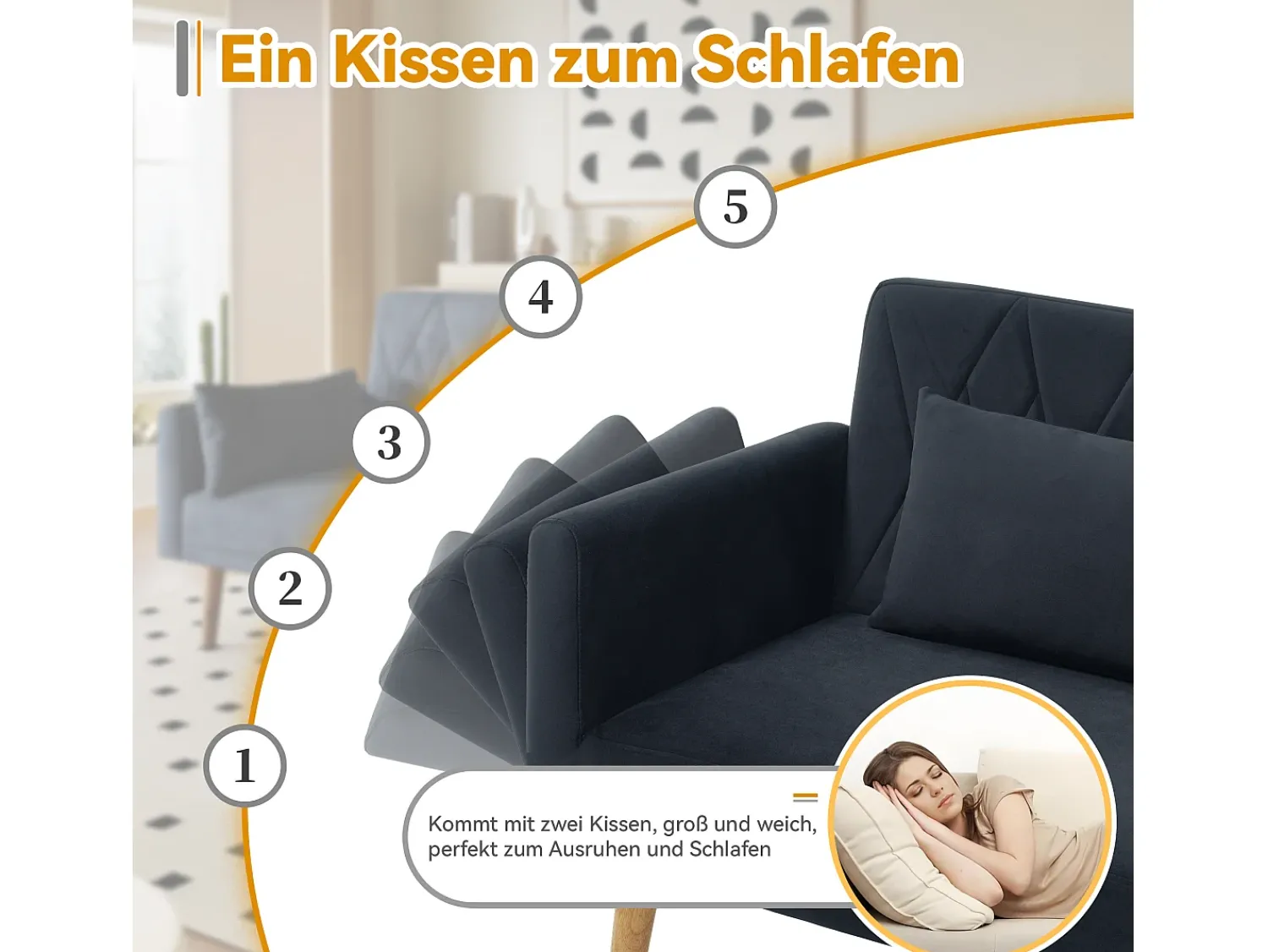 Sofá*Merax Sofá de 2 lugares Sofá - 180 x 75 x 82 cm - Sofá-cama conversível - encosto ajustável - veludo - Preto