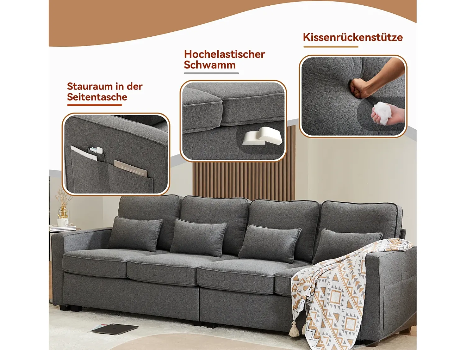 Sofá de 4 lugares, 264x83x87cm, tecido linho, com bolsos para os braços e 4 almofadas, estilo simples, para sala de estar, escuro^ Sofá