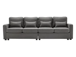 Sofá de 4 lugares, 264x83x87cm, tecido linho, com bolsos para os braços e 4 almofadas, estilo simples, para sala de estar, escuro^ Sofá