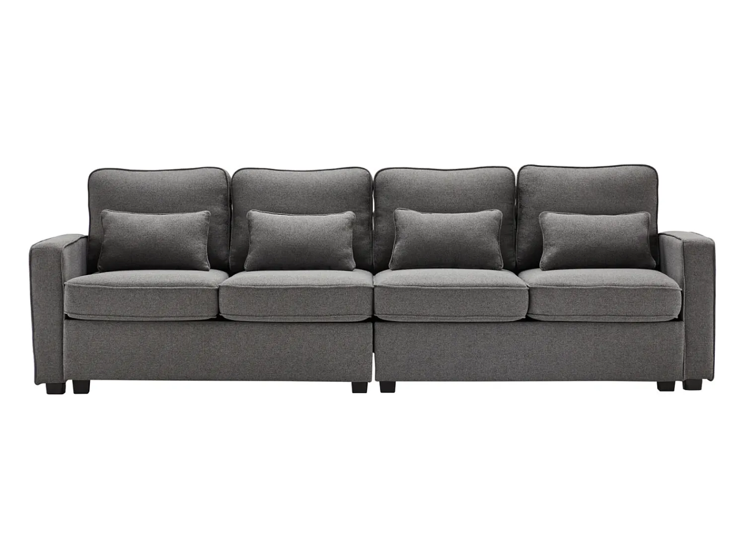 Sofá de 4 lugares, 264x83x87cm, tecido linho, com bolsos para os braços e 4 almofadas, estilo simples, para sala de estar, escuro^ Sofá