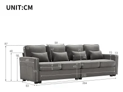 Sofá de 4 lugares, 264x83x87cm, tecido linho, com bolsos para os braços e 4 almofadas, estilo simples, para sala de estar, escuro^ Sofá