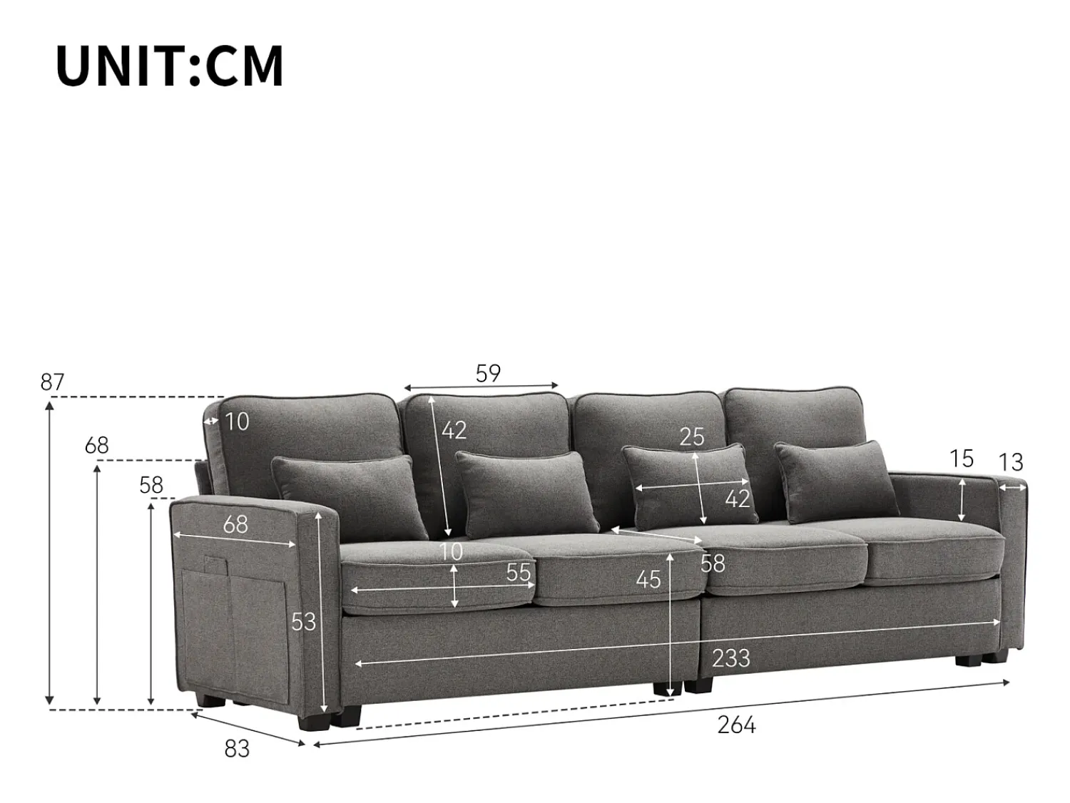 Sofá de 4 lugares, 264x83x87cm, tecido linho, com bolsos para os braços e 4 almofadas, estilo simples, para sala de estar, escuro^ Sofá