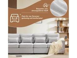 Sofá* Sofá de 4 lugares, 264x83x87cm, tecido linho, com bolsos para os braços e 4 almofadas, estilo simples, para sala de estar, Cinzento claro
