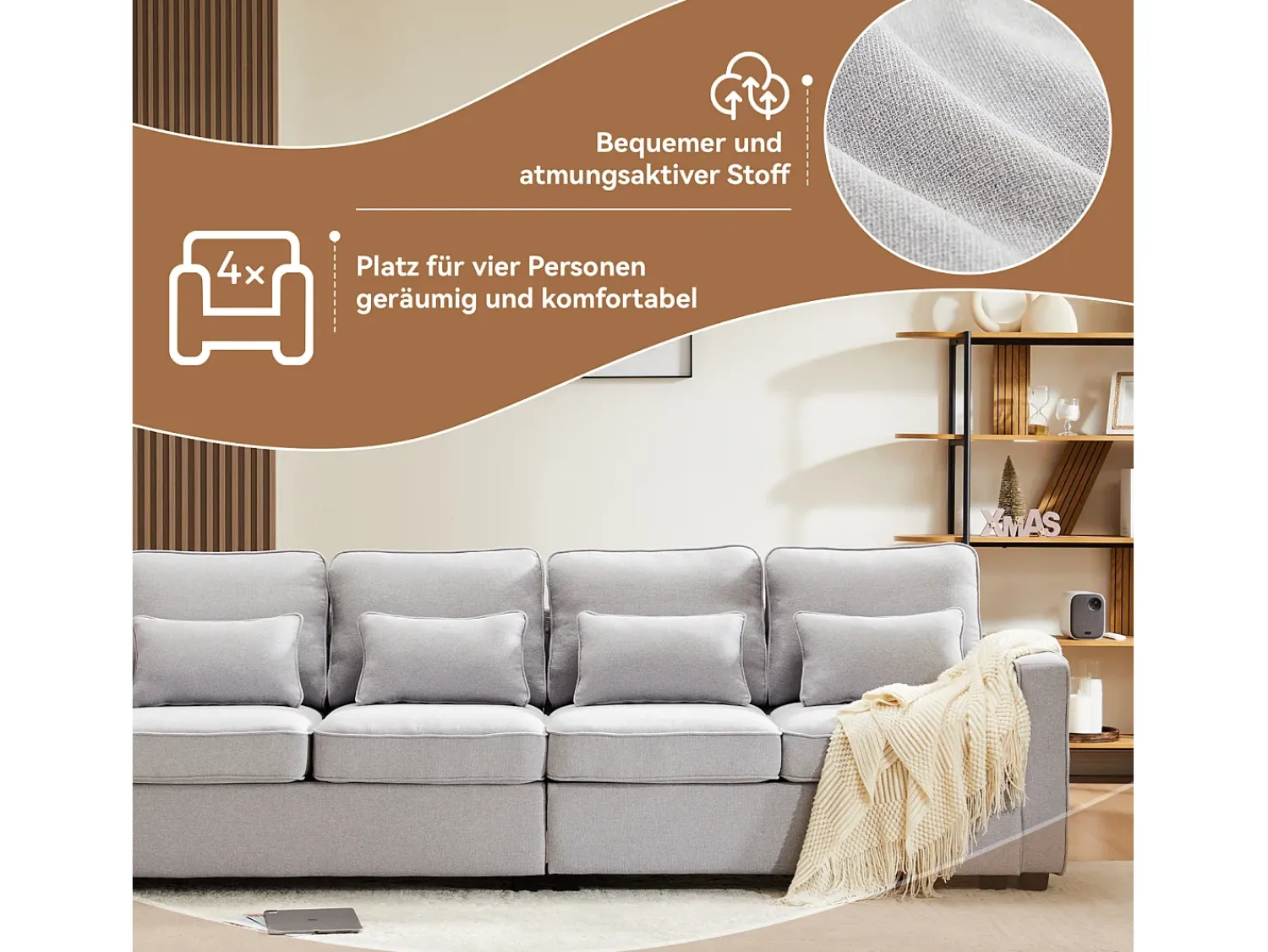 Sofá* Sofá de 4 lugares, 264x83x87cm, tecido linho, com bolsos para os braços e 4 almofadas, estilo simples, para sala de estar, Cinzento claro