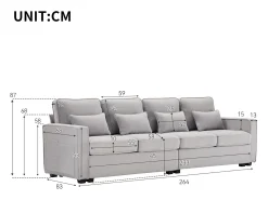 Sofá* Sofá de 4 lugares, 264x83x87cm, tecido linho, com bolsos para os braços e 4 almofadas, estilo simples, para sala de estar, Cinzento claro