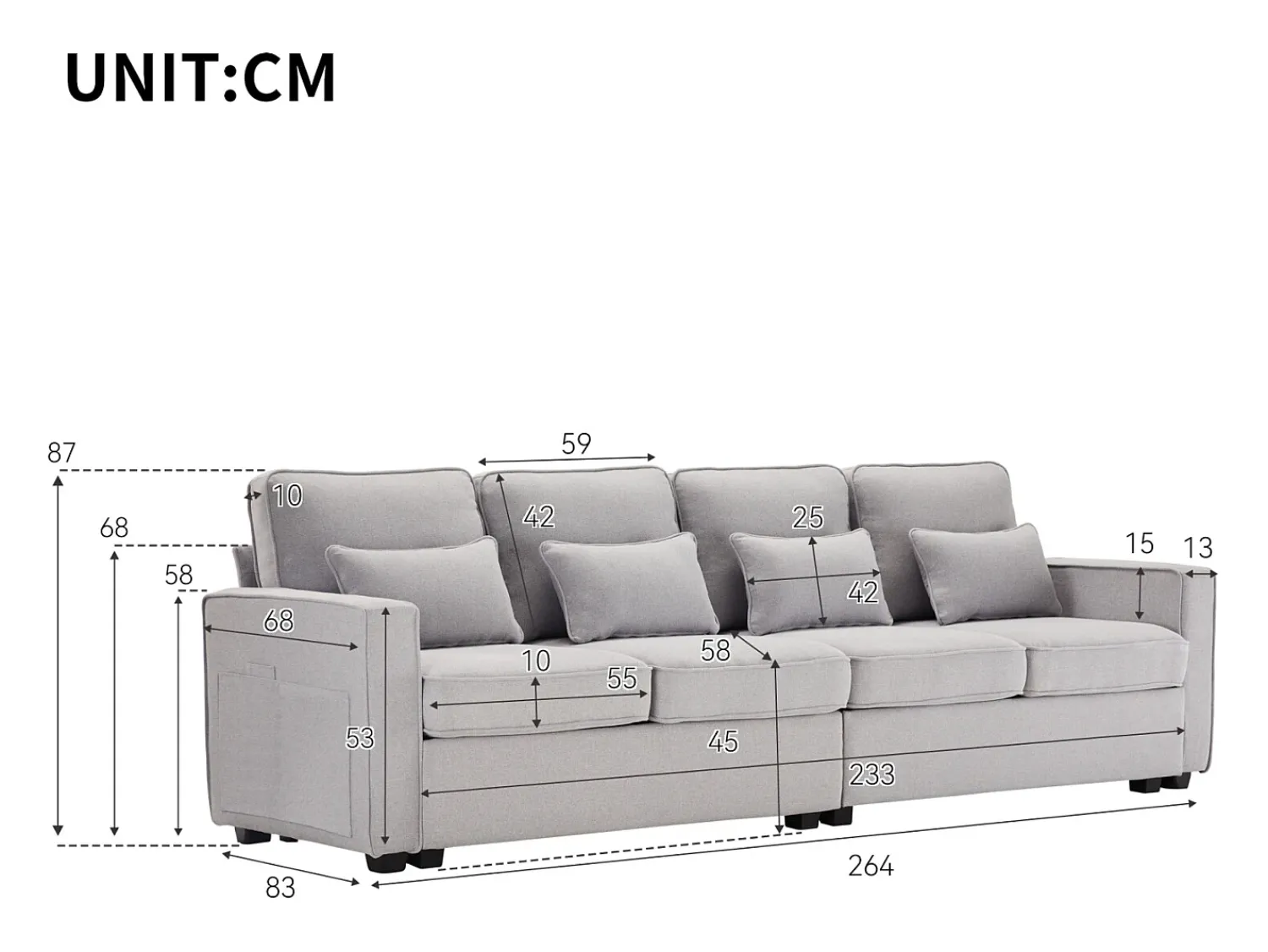 Sofá* Sofá de 4 lugares, 264x83x87cm, tecido linho, com bolsos para os braços e 4 almofadas, estilo simples, para sala de estar, Cinzento claro