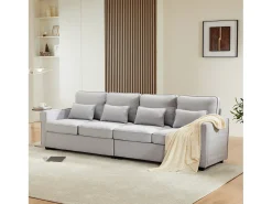 Sofá* Sofá de 4 lugares, 264x83x87cm, tecido linho, com bolsos para os braços e 4 almofadas, estilo simples, para sala de estar, Cinzento claro
