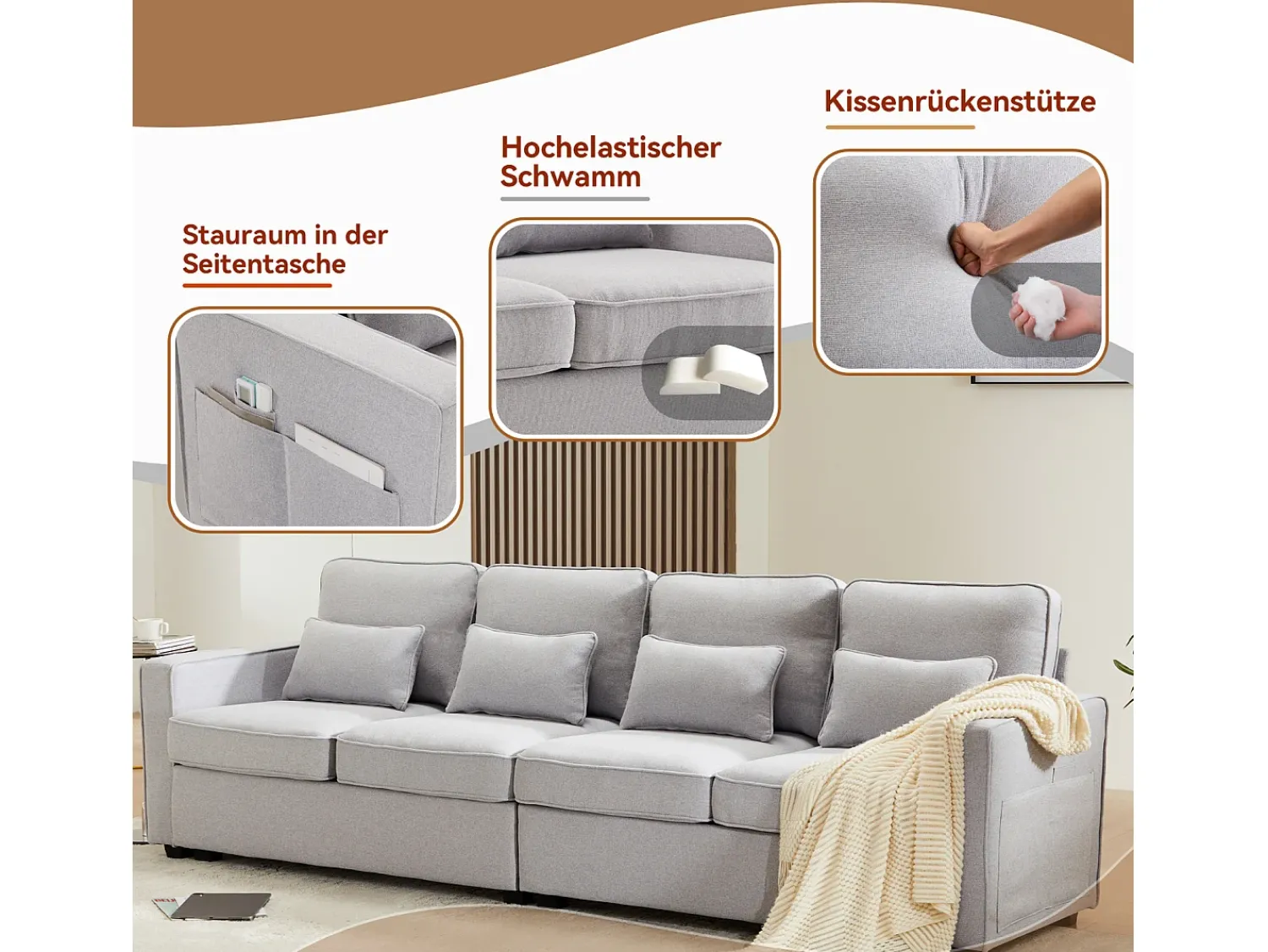 Sofá* Sofá de 4 lugares, 264x83x87cm, tecido linho, com bolsos para os braços e 4 almofadas, estilo simples, para sala de estar, Cinzento claro