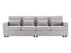 Sofá* Sofá de 4 lugares, 264x83x87cm, tecido linho, com bolsos para os braços e 4 almofadas, estilo simples, para sala de estar, Cinzento claro