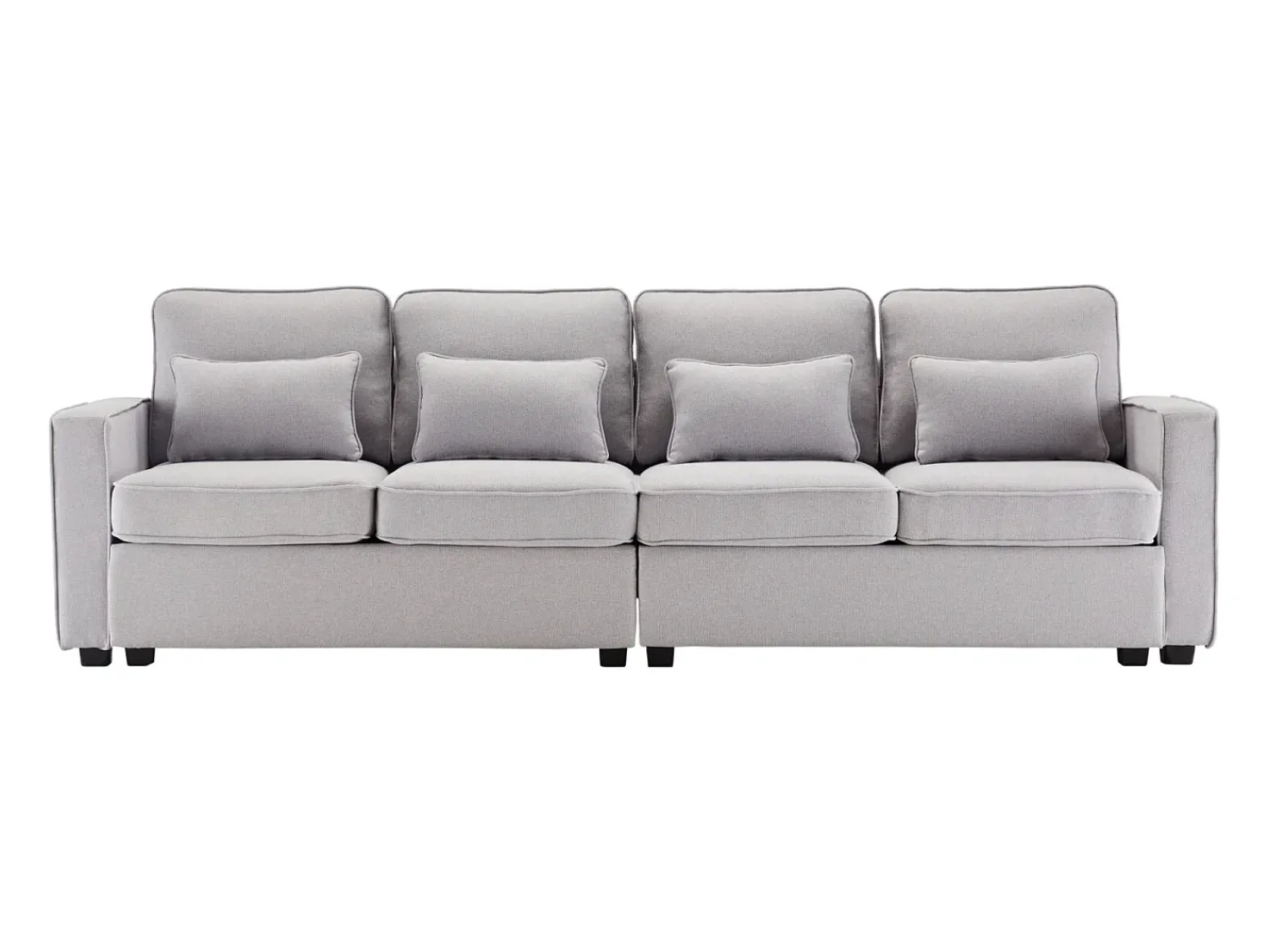 Sofá* Sofá de 4 lugares, 264x83x87cm, tecido linho, com bolsos para os braços e 4 almofadas, estilo simples, para sala de estar, Cinzento claro