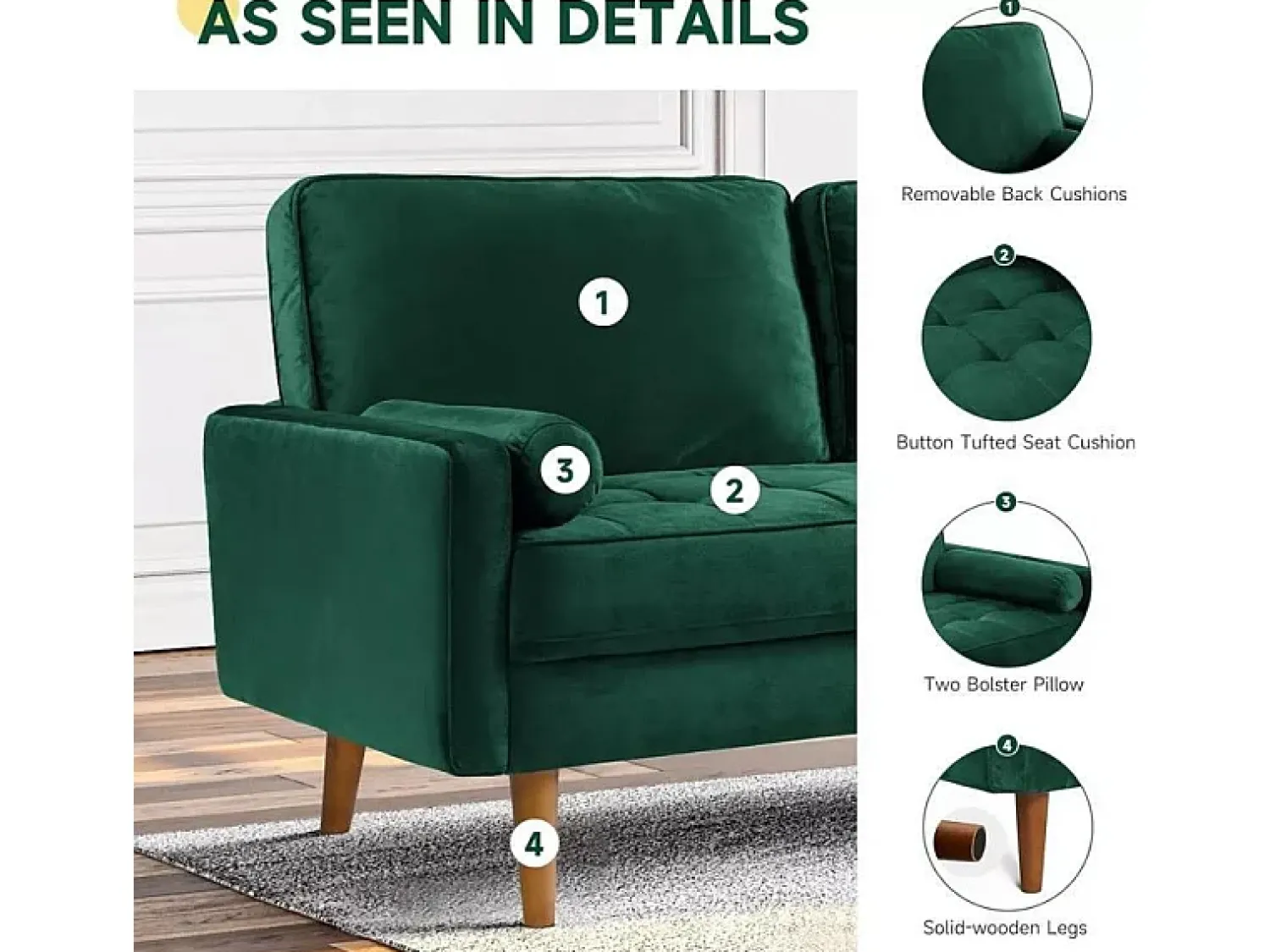 Sofá*DripeX Sofá de 2 -Setente em veludo , sofá moderno da sala de estar, com apoios de braços e pés cônicos, uma região lombar - 148,5x78x85cm Verde