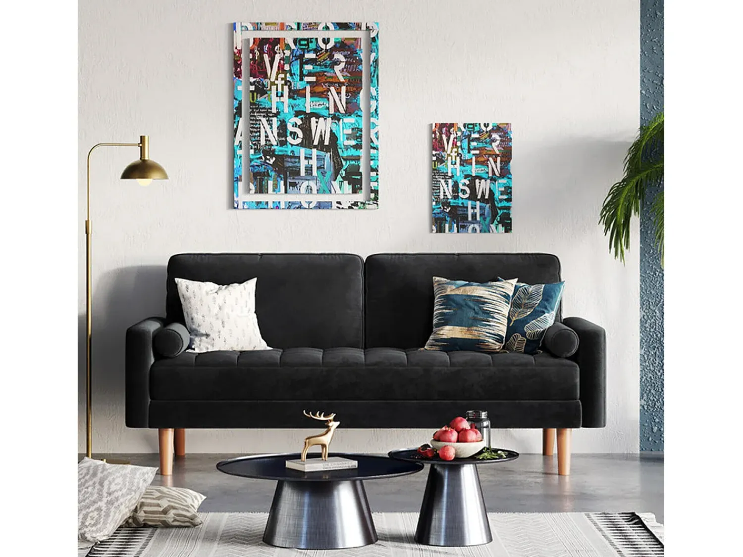 Best DripeX Sofá de 2 -Setter - com 2 almofadas - em veludo - pés de madeira - para quarto, sala de estar - 142x76x69cm - Preto