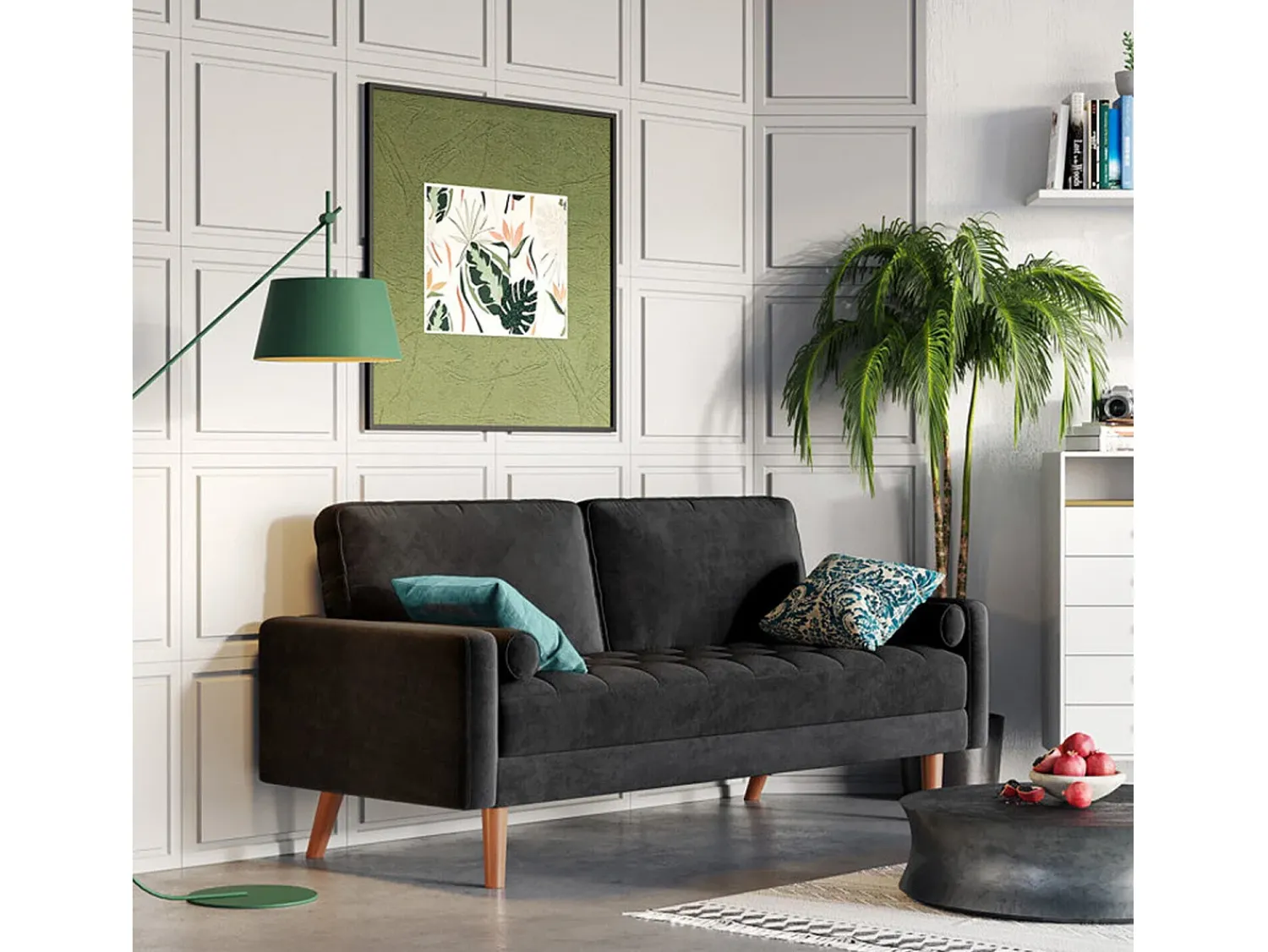 Best DripeX Sofá de 2 -Setter - com 2 almofadas - em veludo - pés de madeira - para quarto, sala de estar - 142x76x69cm - Preto