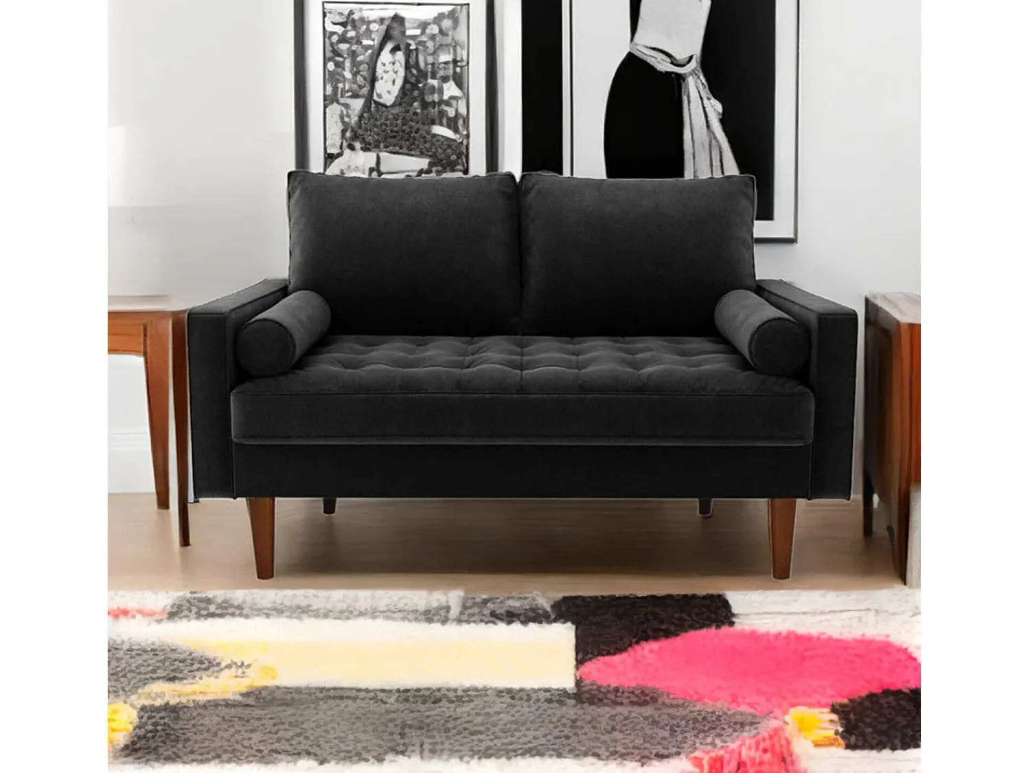 Best DripeX Sofá de 2 -Setter - com 2 almofadas - em veludo - pés de madeira - para quarto, sala de estar - 142x76x69cm - Preto