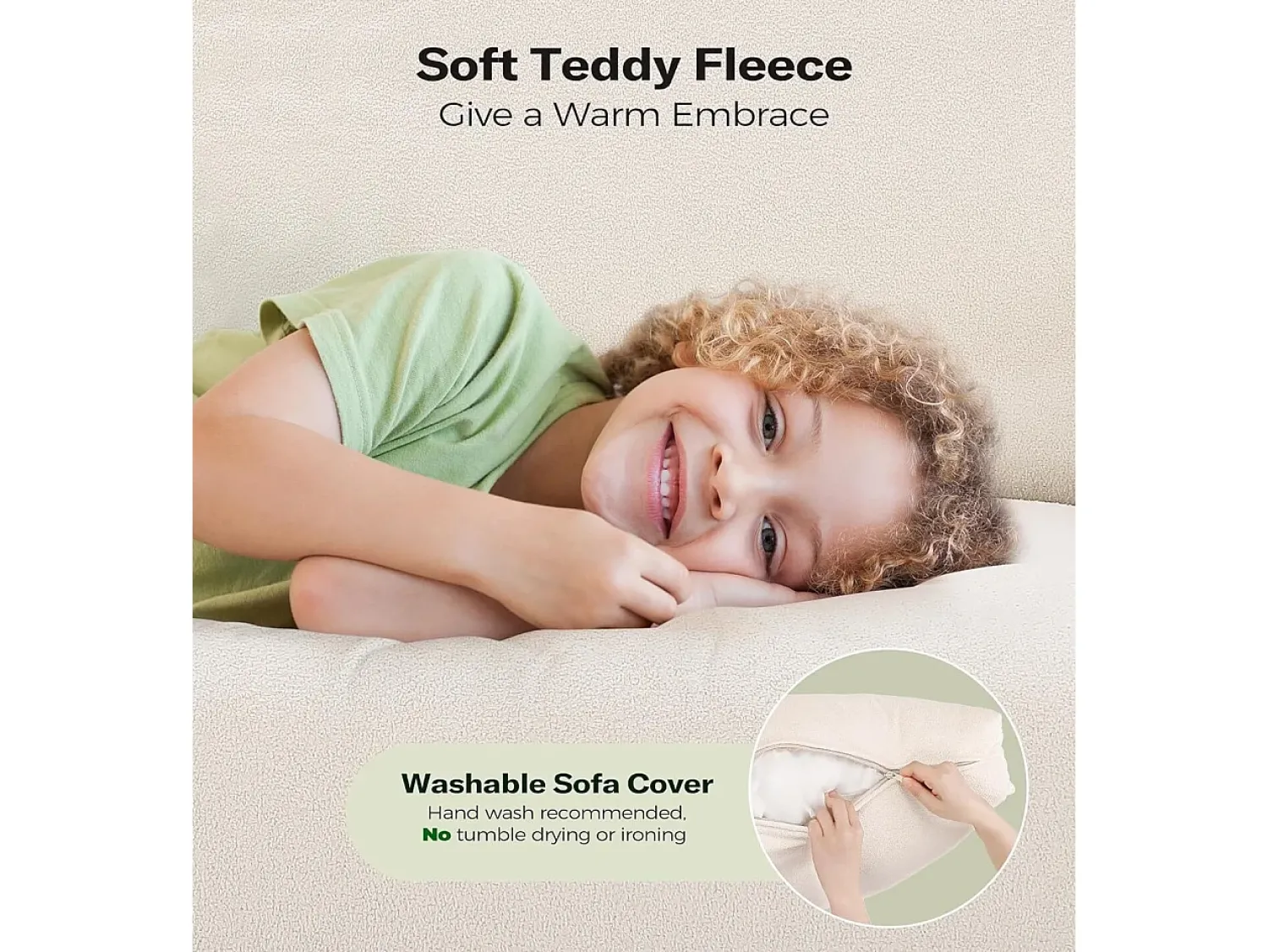 Sofá*DripeX Sofá de 3 -Sety em Teddy Velvet, sofá grande do sofá direito em madeira maciça, sofre com apoios de braços, 210 x 79 x 89 cm - Bege