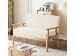 Sofá*DripeX Sofá de 2 -Sofá moderno da sala de estar, em Teddy Fleece, cenário de madeira, , 107x60x76cm Bege