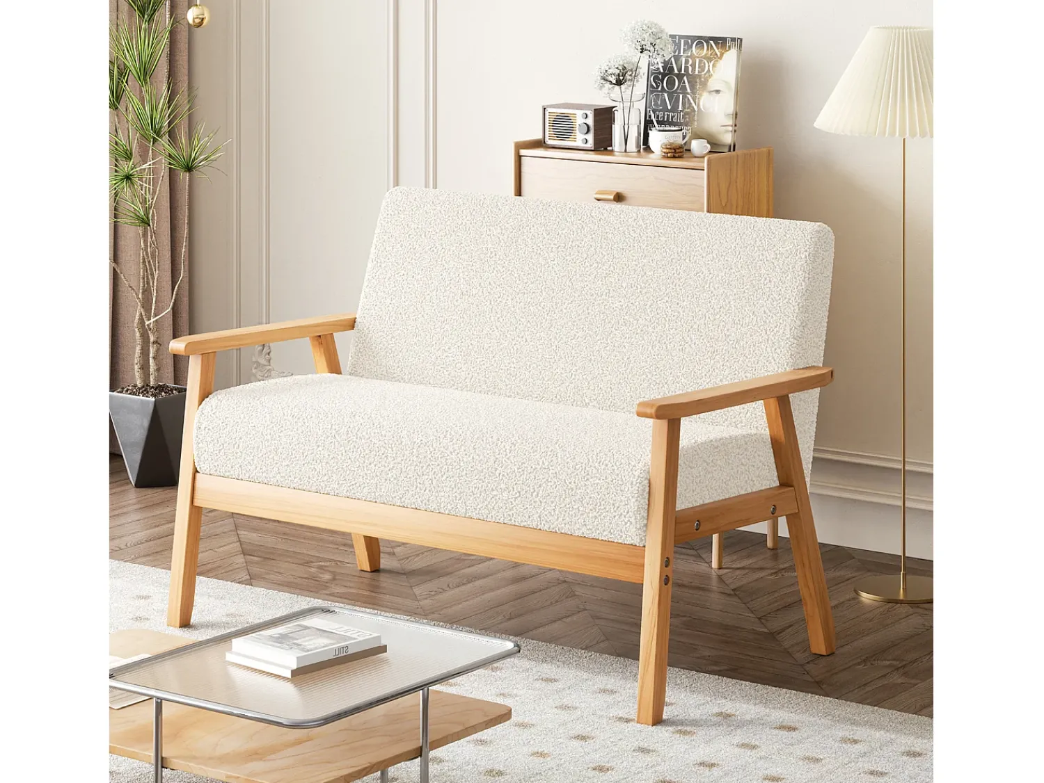 Sofá*DripeX Sofá de 2 -Sofá moderno da sala de estar, em Teddy Fleece, cenário de madeira, , 107x60x76cm Bege