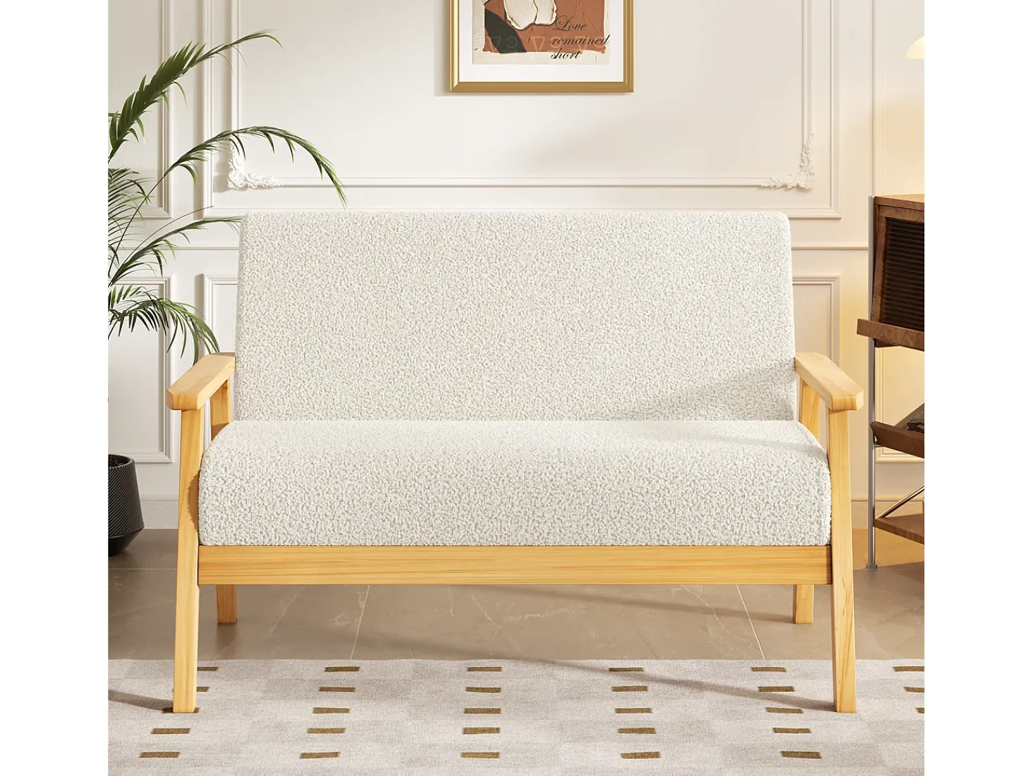 Sofá*DripeX Sofá de 2 -Sofá moderno da sala de estar, em Teddy Fleece, cenário de madeira, , 107x60x76cm Bege