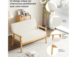 Sofá*DripeX Sofá de 2 -Sofá moderno da sala de estar, em Teddy Fleece, cenário de madeira, , 107x60x76cm Bege