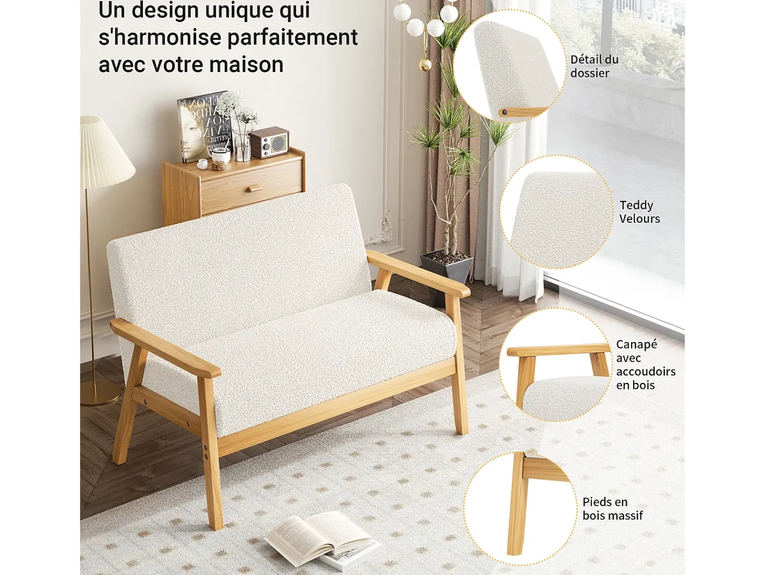 Sofá*DripeX Sofá de 2 -Sofá moderno da sala de estar, em Teddy Fleece, cenário de madeira, , 107x60x76cm Bege
