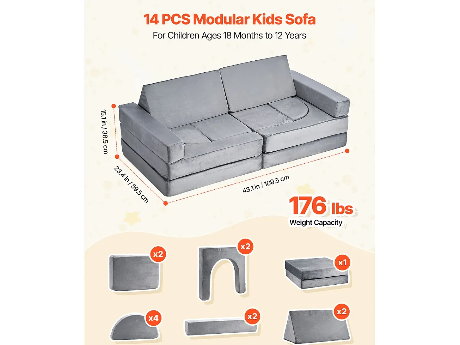 Sofá de Brinquedo Modular SucceBuy para Crianças Componente 14PCs, Sofá Seccional Convertível, com Apoios de Braço, em Esponja 28D e Pelo Curto, Sofá Bebê^ Sofá