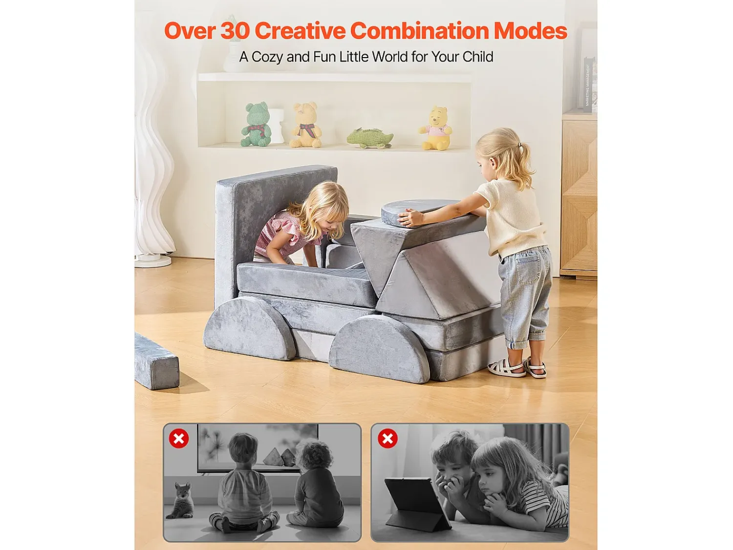 Sofá de Brinquedo Modular SucceBuy para Crianças Componente 14PCs, Sofá Seccional Convertível, com Apoios de Braço, em Esponja 28D e Pelo Curto, Sofá Bebê^ Sofá