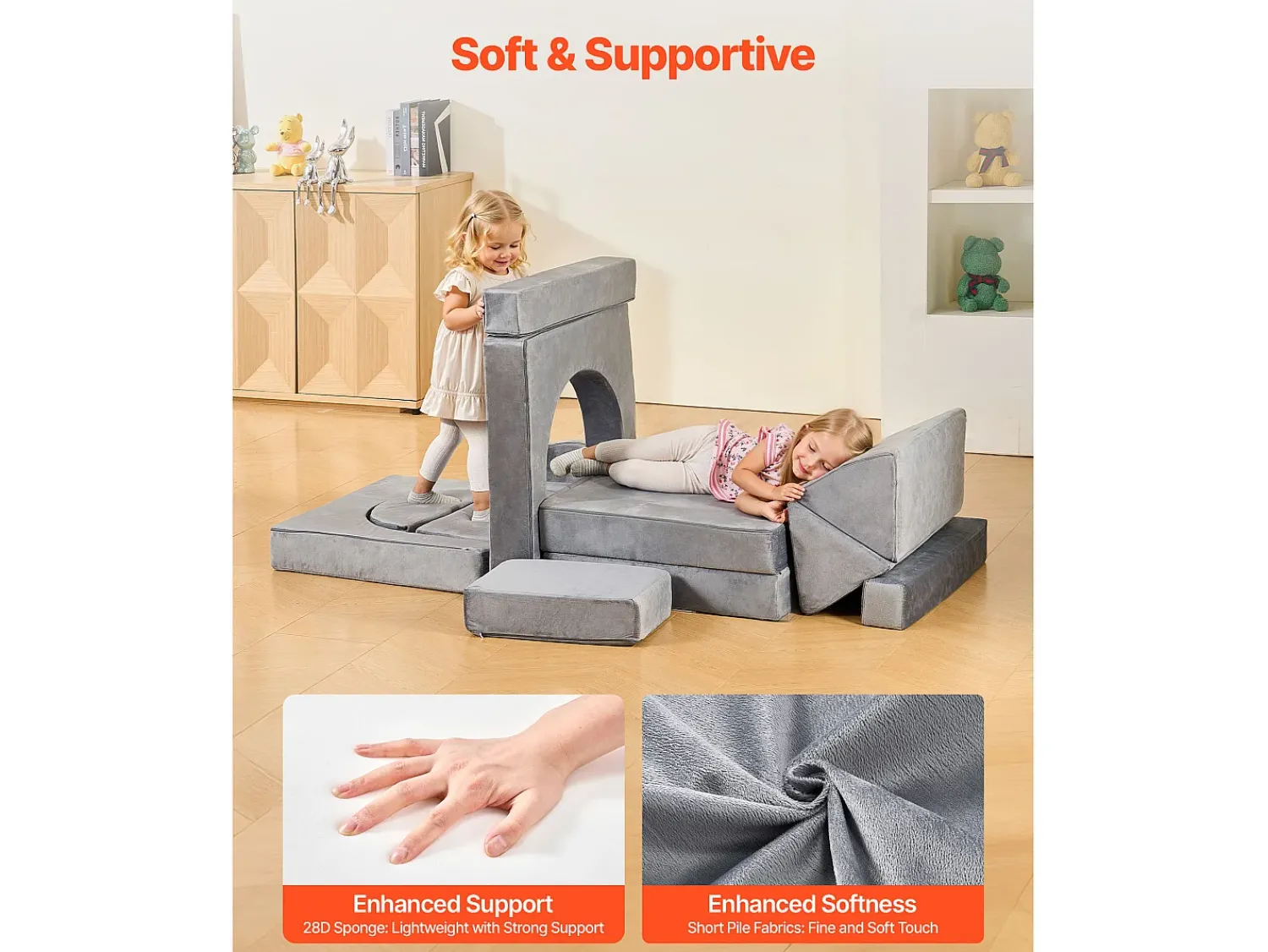 Sofá de Brinquedo Modular SucceBuy para Crianças Componente 14PCs, Sofá Seccional Convertível, com Apoios de Braço, em Esponja 28D e Pelo Curto, Sofá Bebê^ Sofá