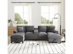 ModernLuxe Sofá de canto 4 lugares em forma de U - com espaço de armazenamento - porta-copos incluído - 2 portas USB - cinza^ Sofá